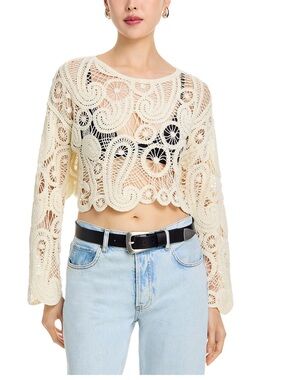 Aqua Long Sleeve Cream Paisley Crochet Crewneck Top